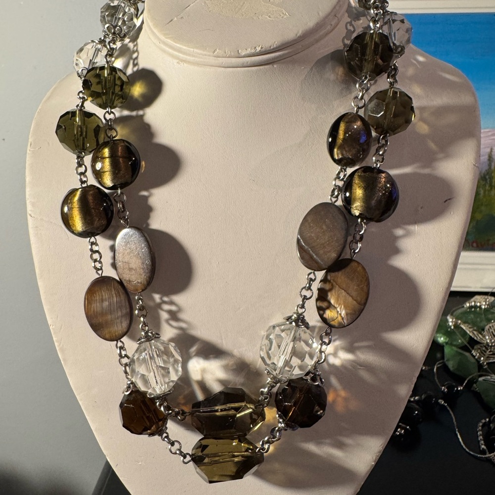 Multi-Strand Brown and Olive Bead Necklace